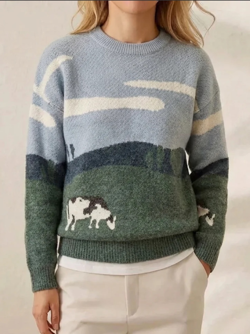 Aelfric Eden Co-Ed Prairie Cow Landscape Oversized Sweater M